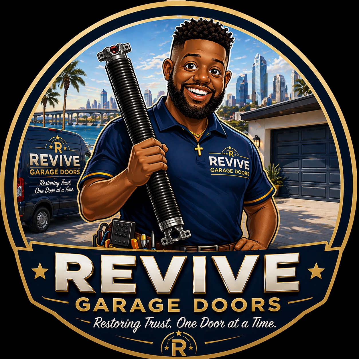 Illustrated Revive Garage Doors badge showing Brandon, the founder, in a gold circle