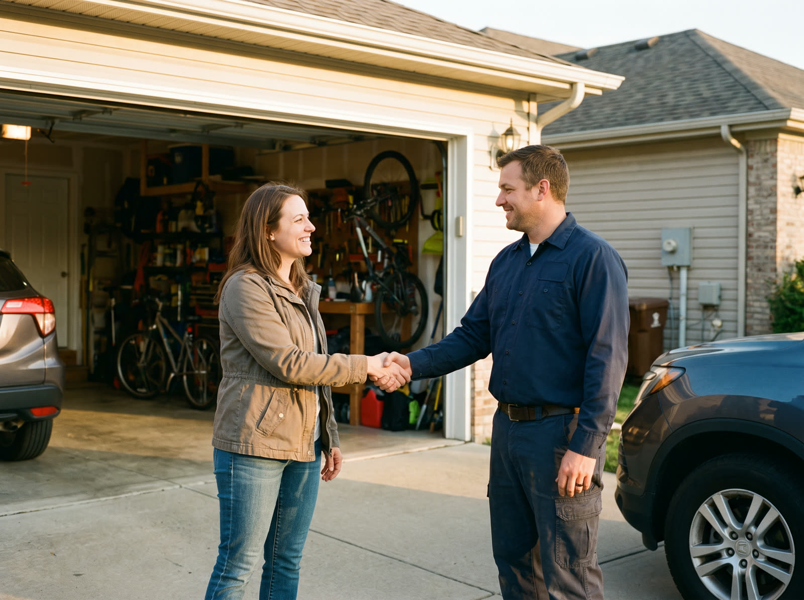 A homeowner shaking hands with a technician in a navy work shirt at her open garage